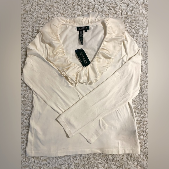 NWT Ralph Lauren Women’s Size L Cream long Sleeved Ruffled Collar Top - Picture 2 of 5